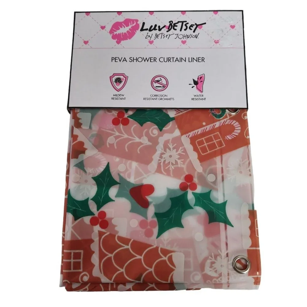 LUV Betsey Johnson Gingerbread House Shower Curtain Liner Christmas Mistletoe
